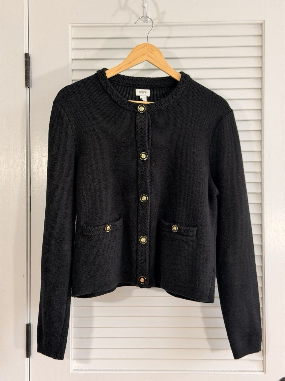 J.Crew Women’s L Black Cotton Cardigan Sweater Gold Crest Buttons Braided Trim